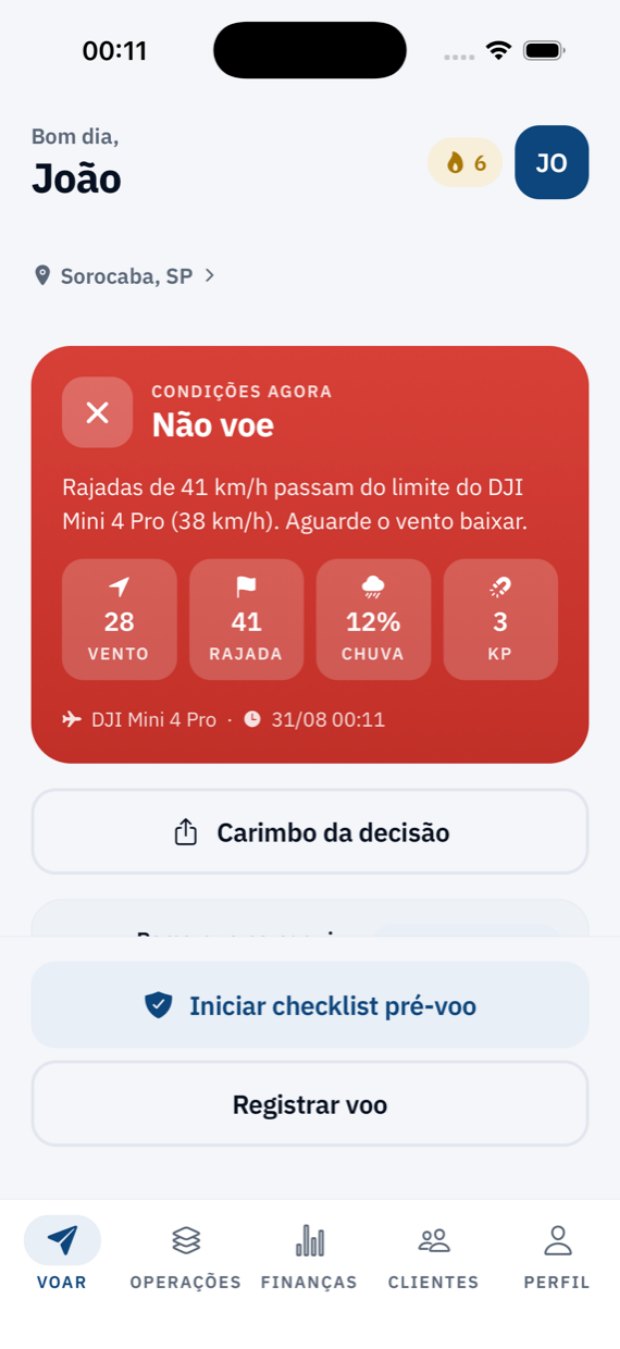 Tela do Vante mostrando o veredito Não voe, porque a rajada de 41 km/h passa do limite do DJI Mini 4 Pro